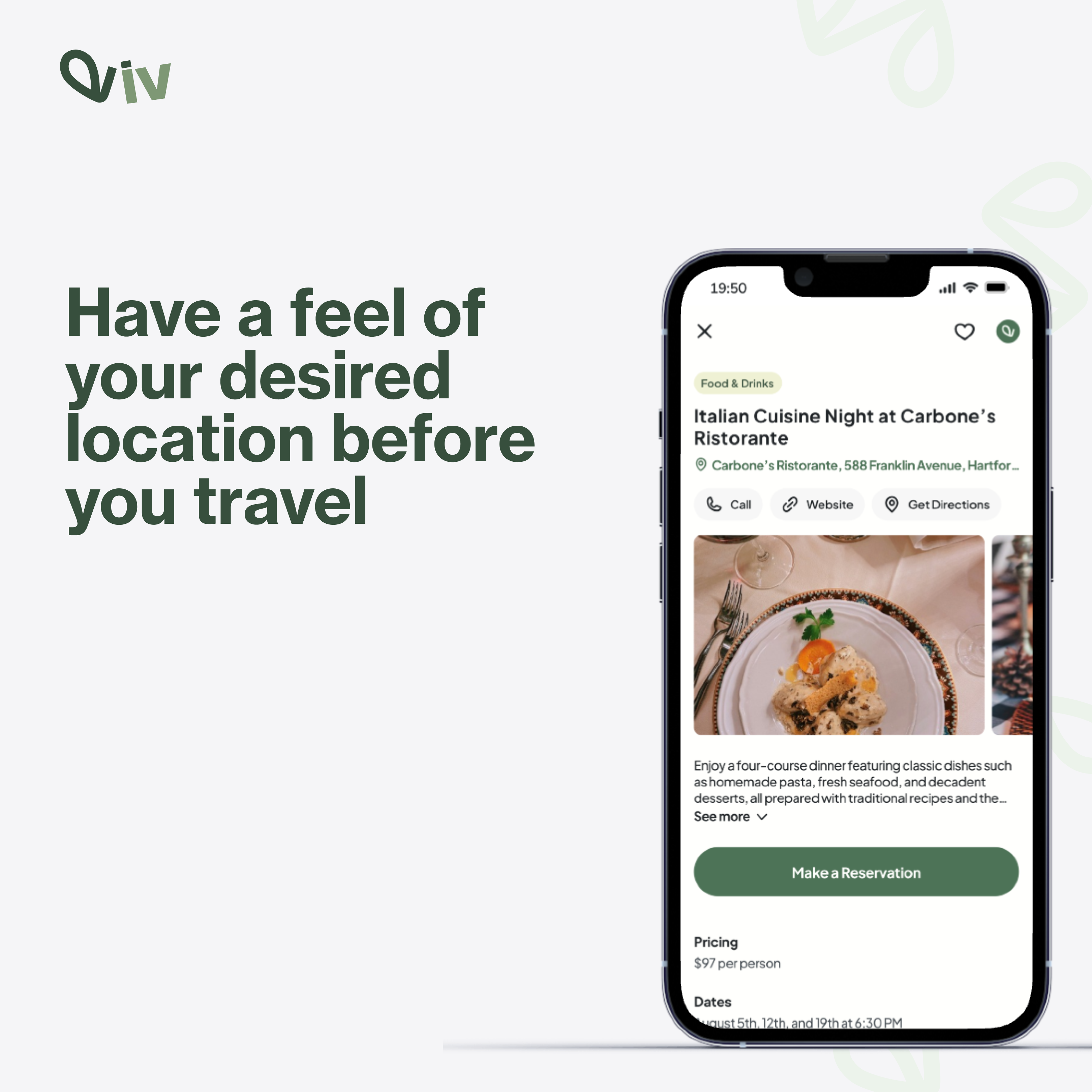 Viv app showing accommodation search and results screen