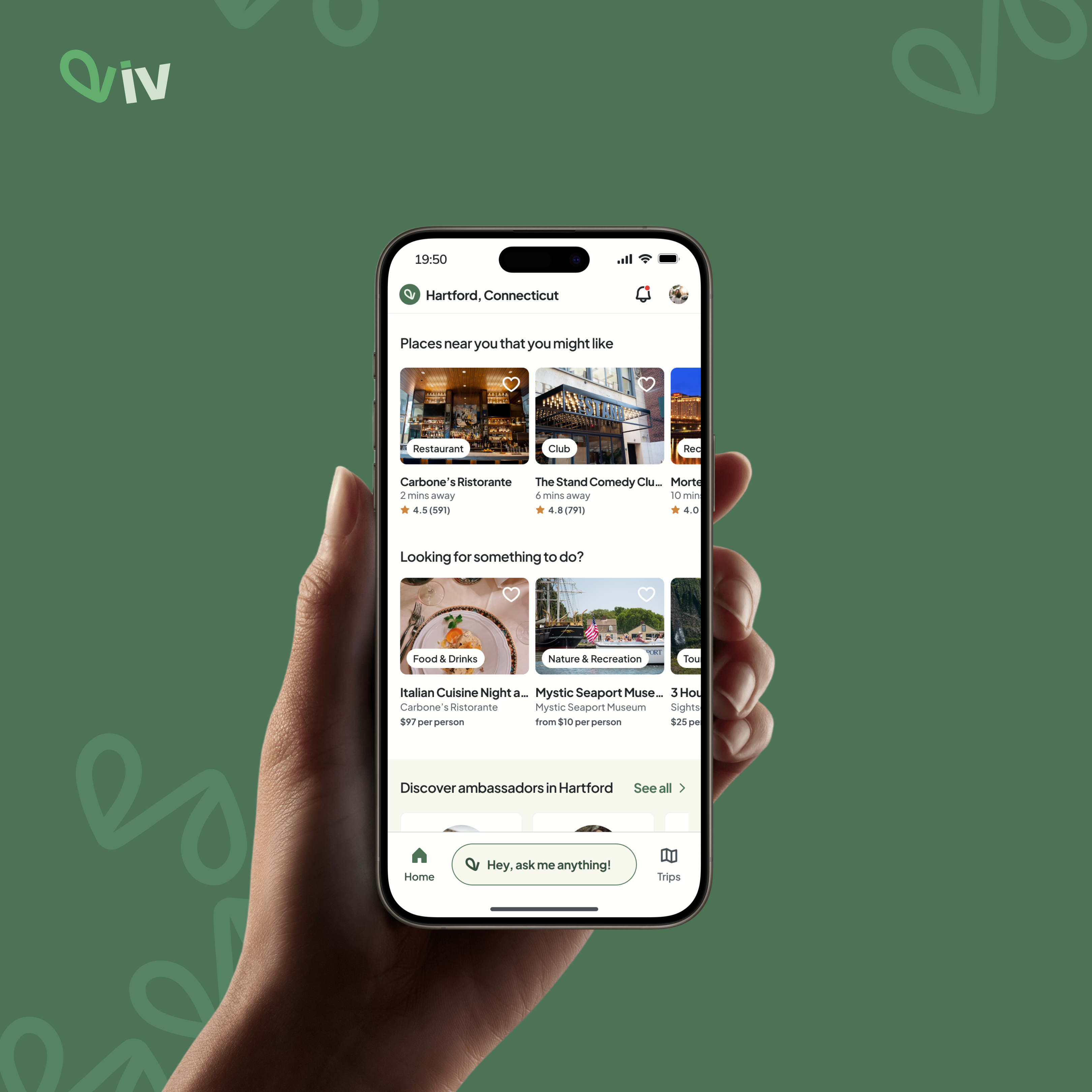 Viv app showing personalized travel recommendations for solo and group experiences